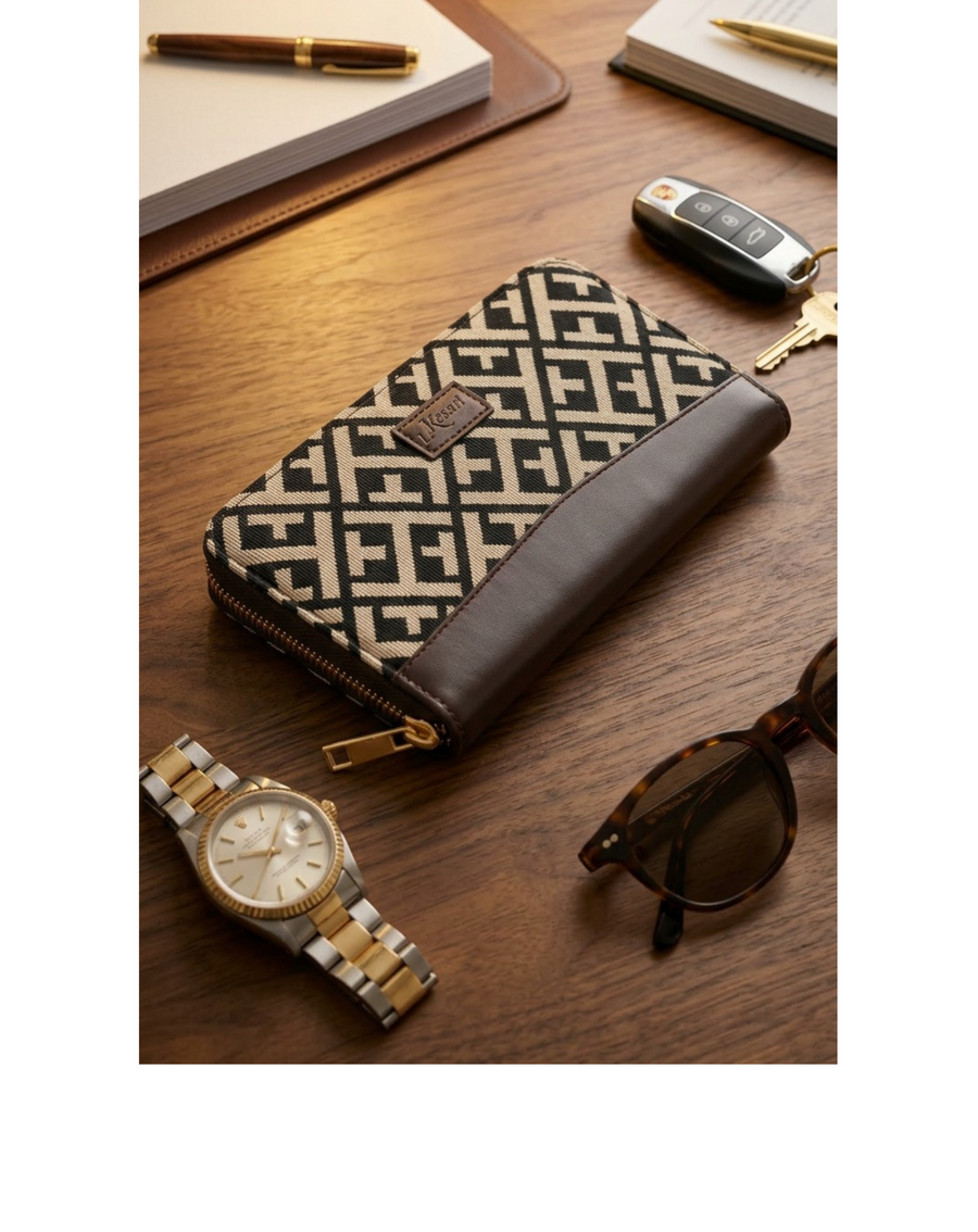 Portefeuille Jacquard Géométrique Noir & Beige