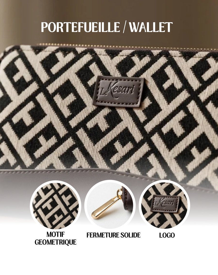 Portefeuille Jacquard Géométrique Noir & Beige