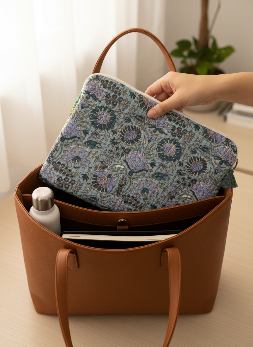 Housse d’ordinateur | Coton matelassé & intérieur imperméable-motif floral bleue gris