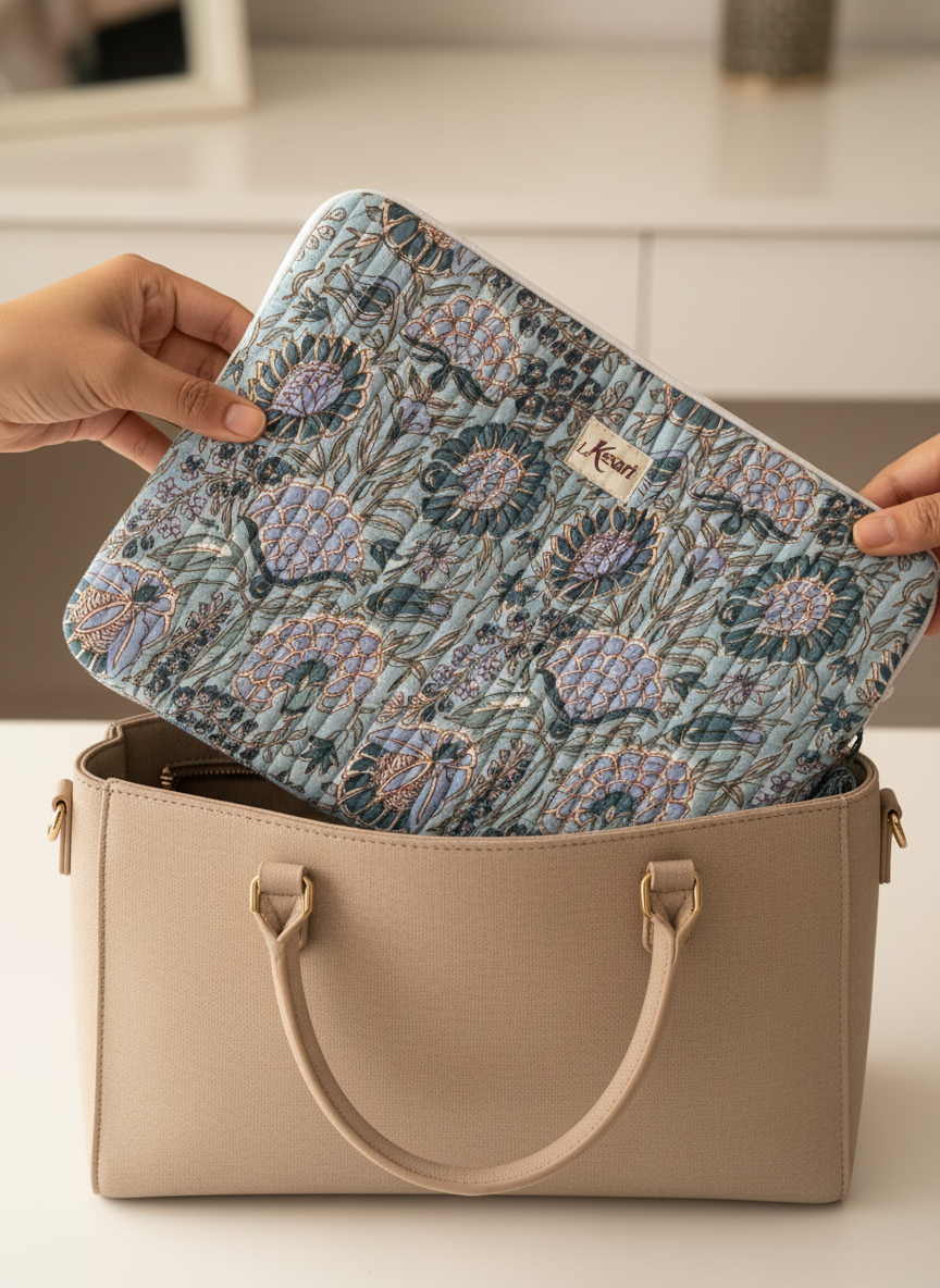 Housse d’ordinateur | Coton matelassé & intérieur imperméable-motif floral bleue gris