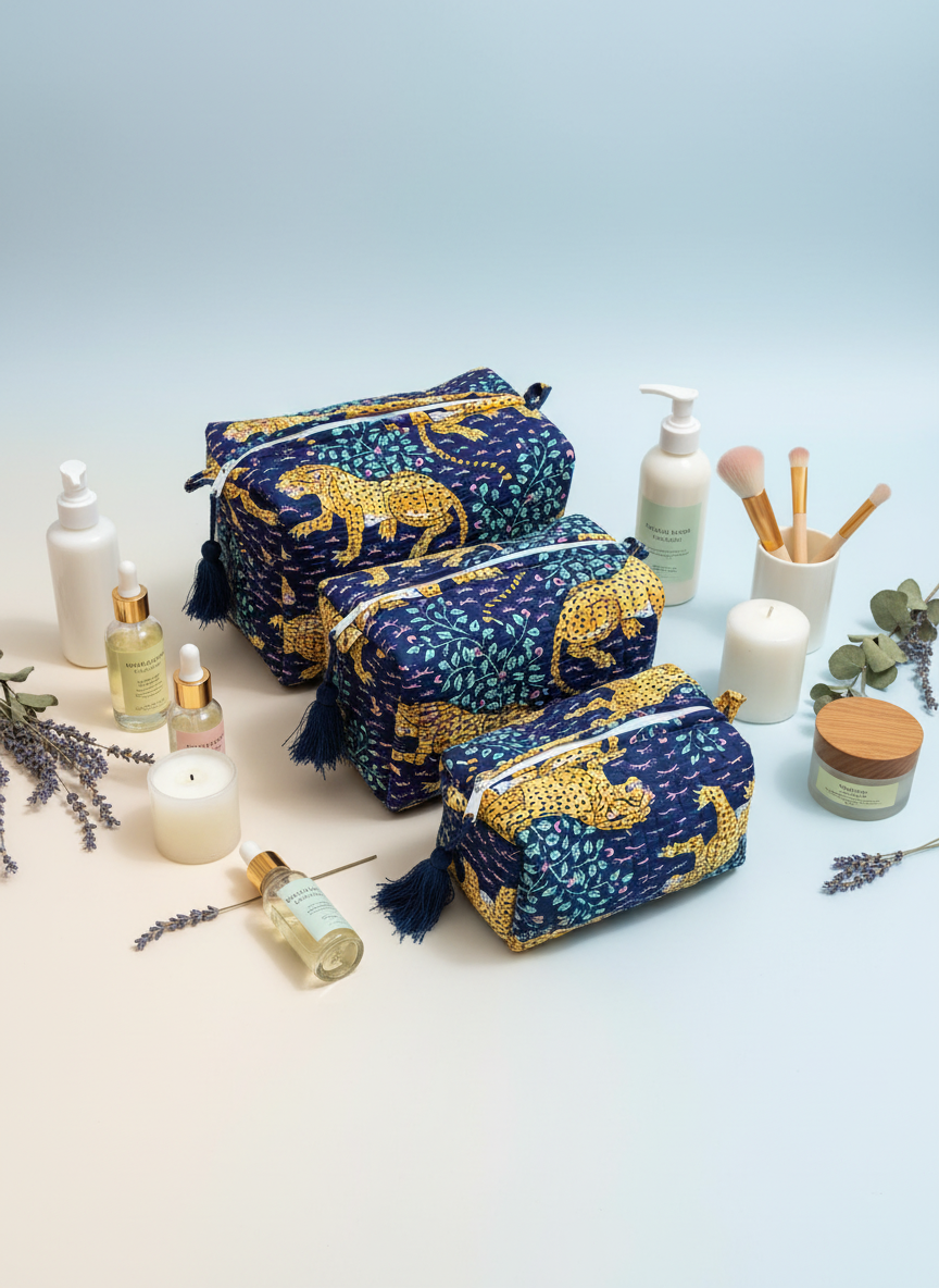 Kit 3 trousses de différentes tailles – Design animal Leopard-bleue foncée