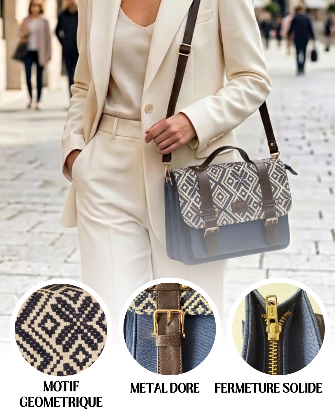 Sac à Main Bleu & Blanc en Jacquard, Motifs Géométriques Élégant & Pratique