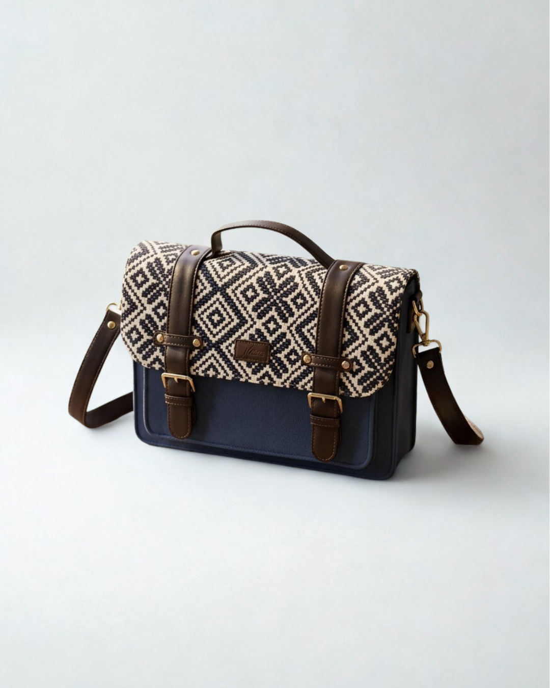 Sac à Main Bleu & Blanc en Jacquard, Motifs Géométriques Élégant & Pratique