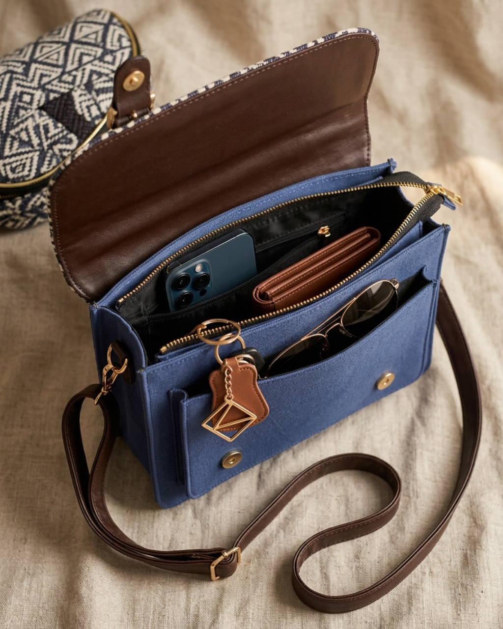 Sac à Main Bleu & Blanc en Jacquard, Motifs Géométriques Élégant & Pratique