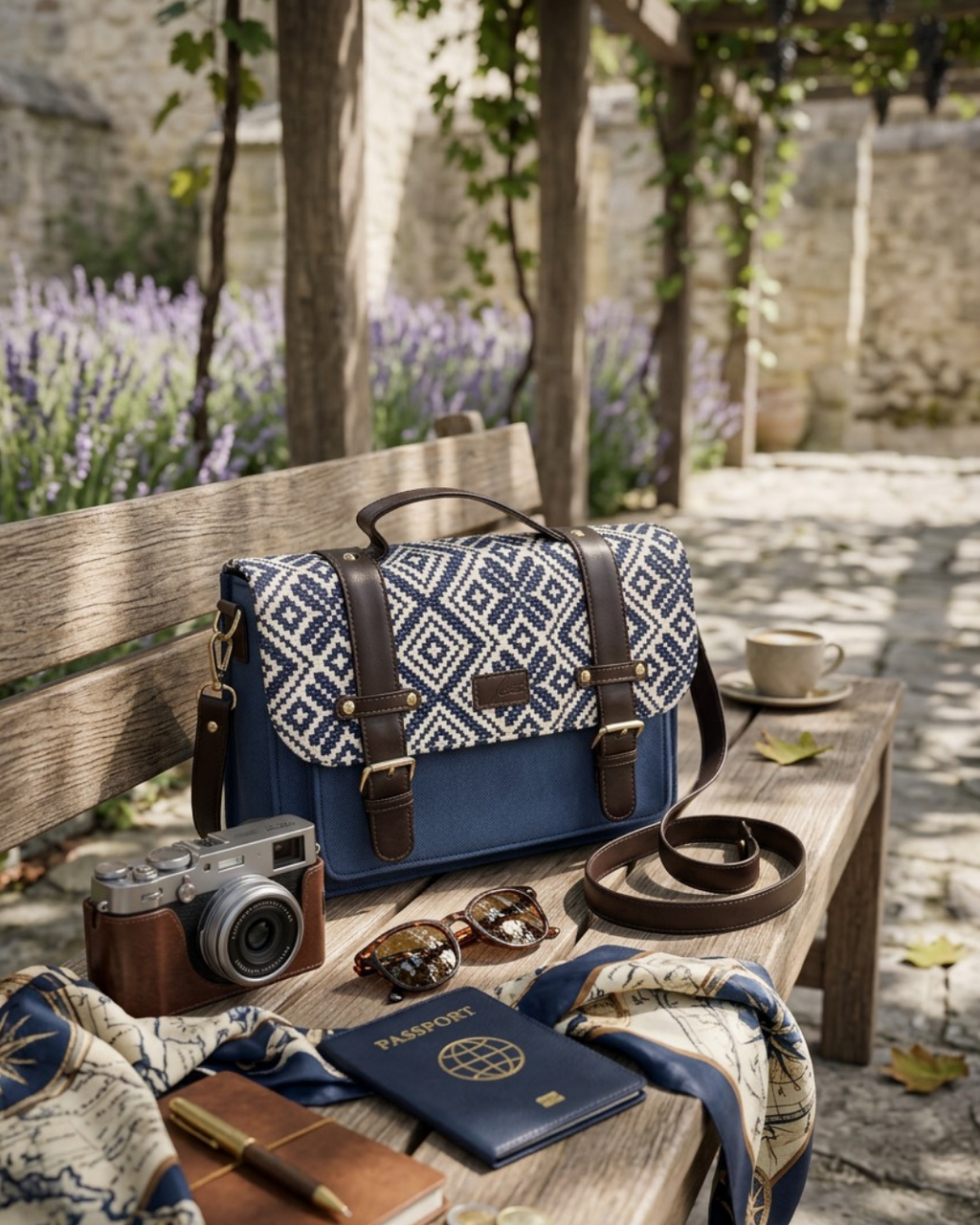 Sac à Main Bleu & Blanc en Jacquard, Motifs Géométriques Élégant & Pratique