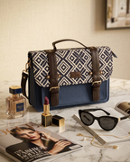 Sac à Main Bleu & Blanc en Jacquard, Motifs Géométriques Élégant & Pratique