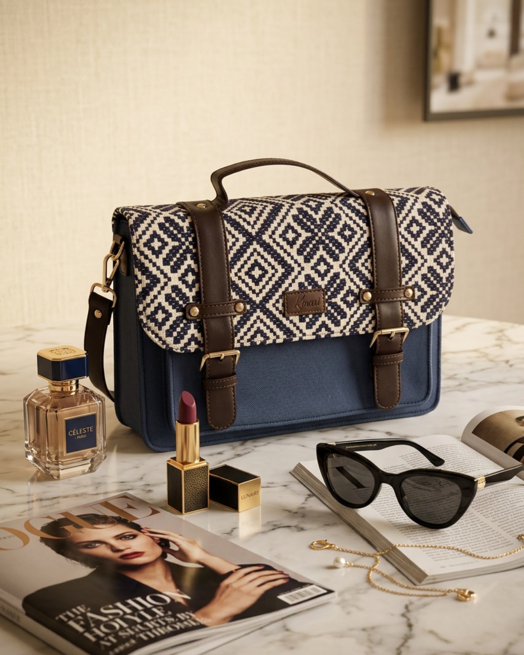 Sac à Main Bleu & Blanc en Jacquard, Motifs Géométriques Élégant & Pratique