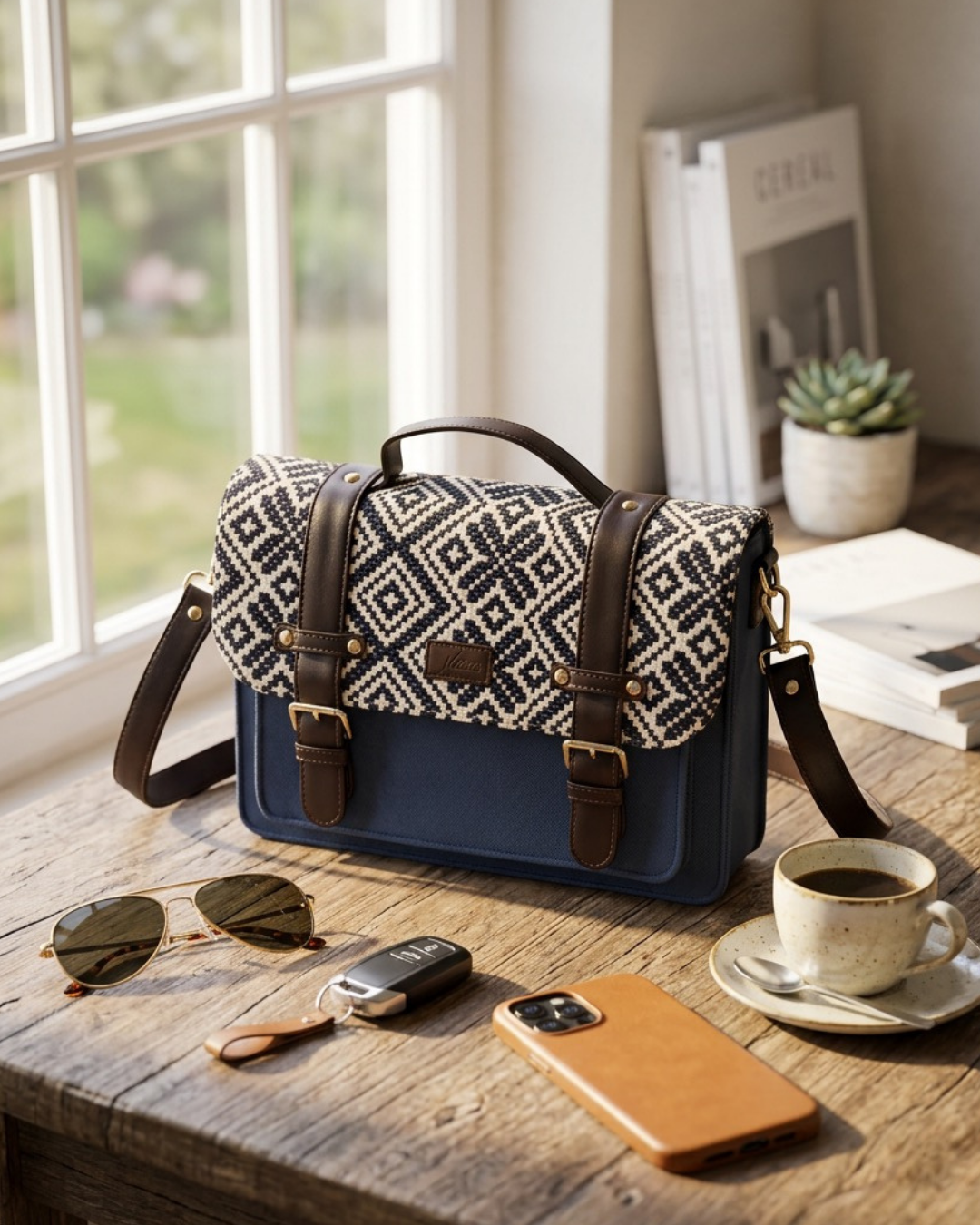 Sac à Main Bleu & Blanc en Jacquard, Motifs Géométriques Élégant & Pratique