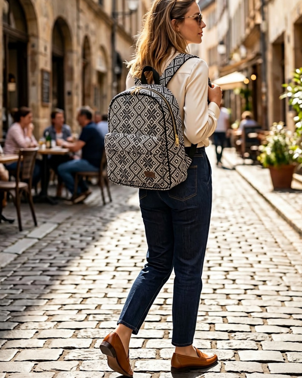 Sac à Dos Bleu & Blanc Motif Géométrique, Style & Praticité