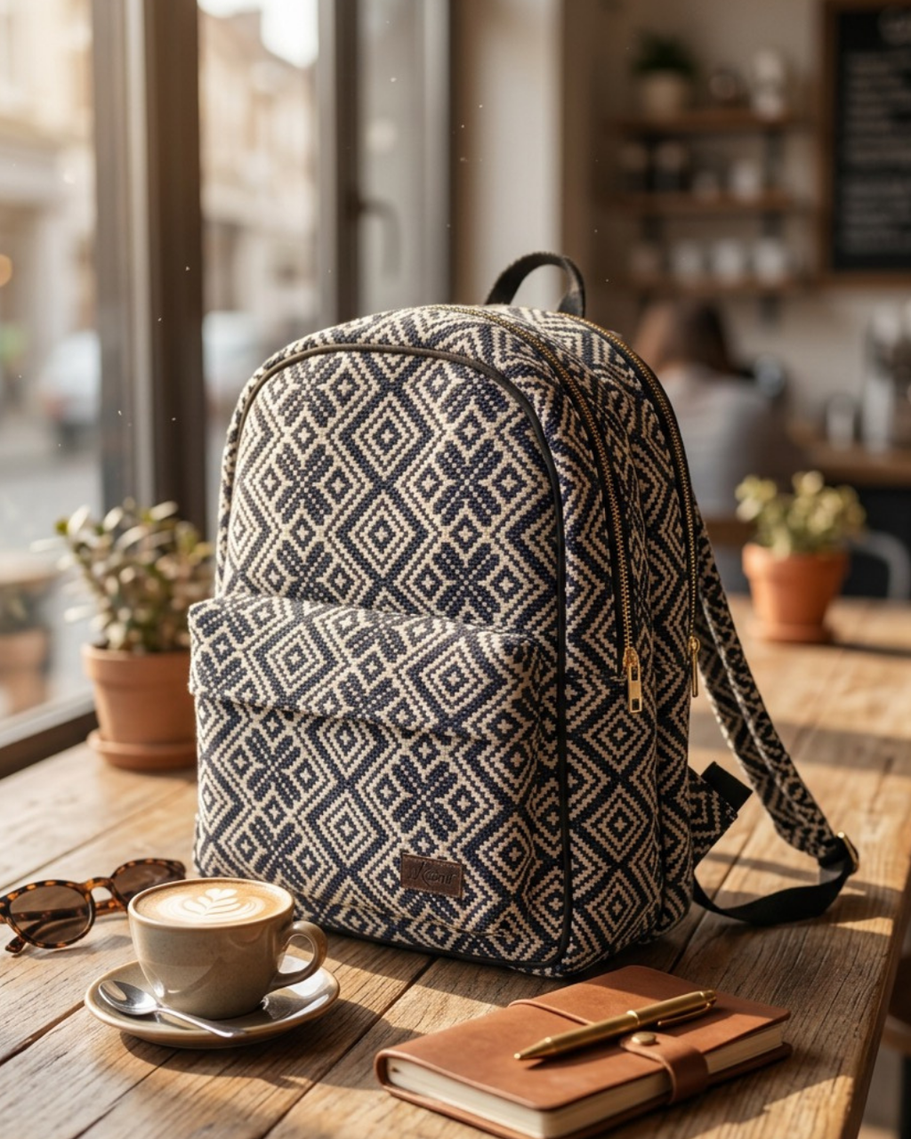 Sac à Dos Bleu & Blanc Motif Géométrique, Style & Praticité