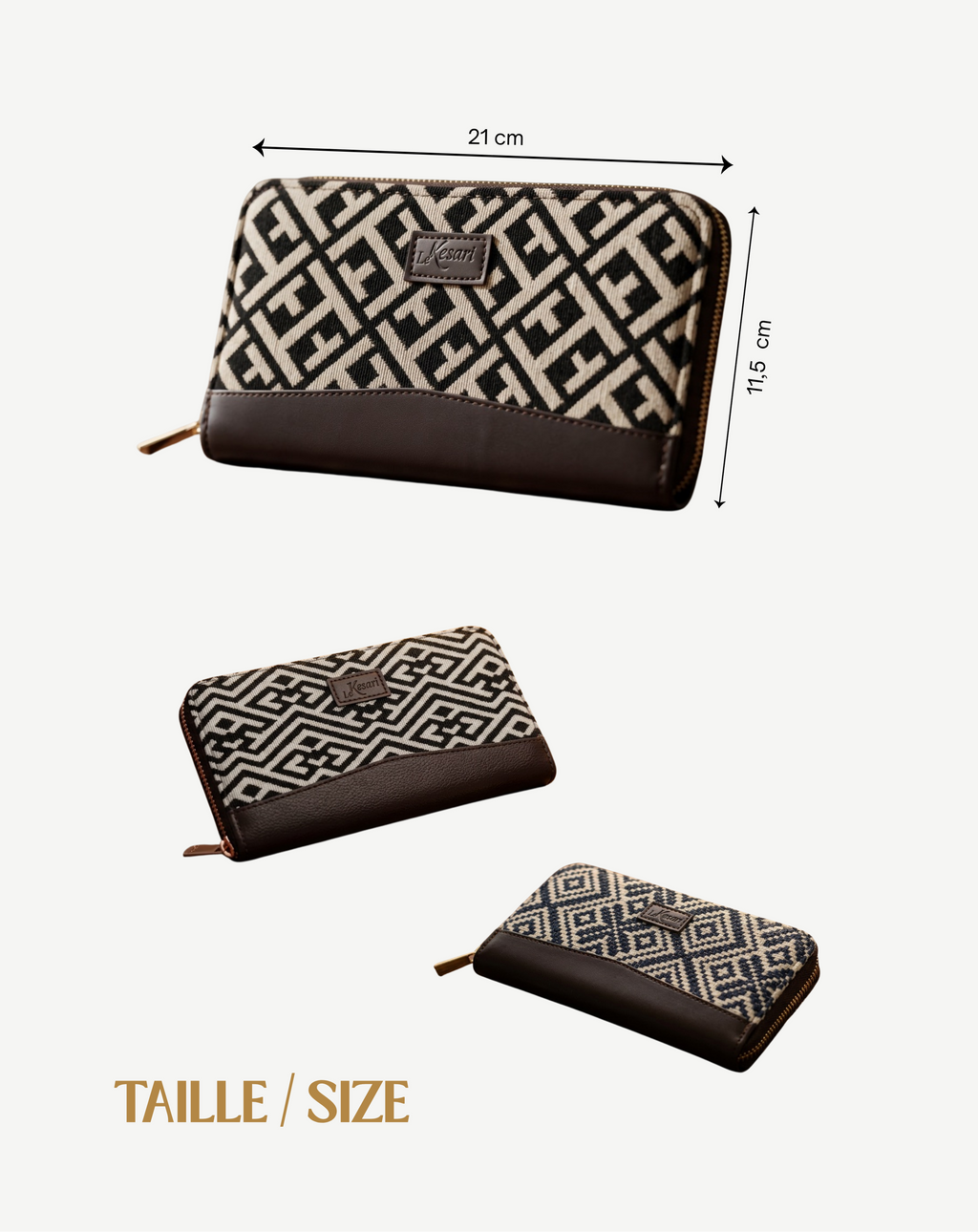 Portefeuille Jacquard Géométrique Noir & Beige