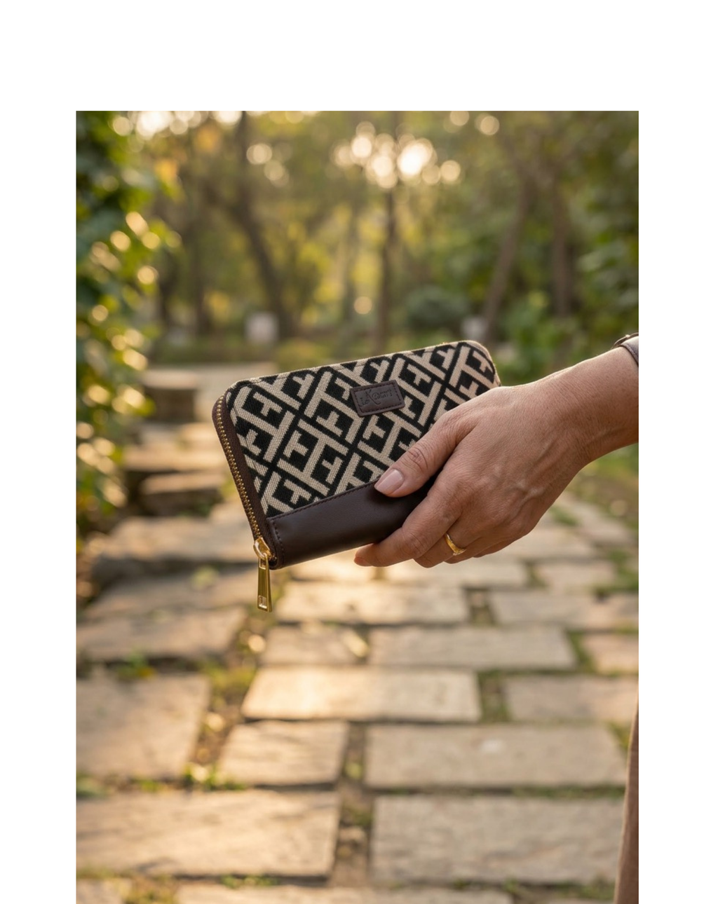 Portefeuille Jacquard Géométrique Noir & Beige