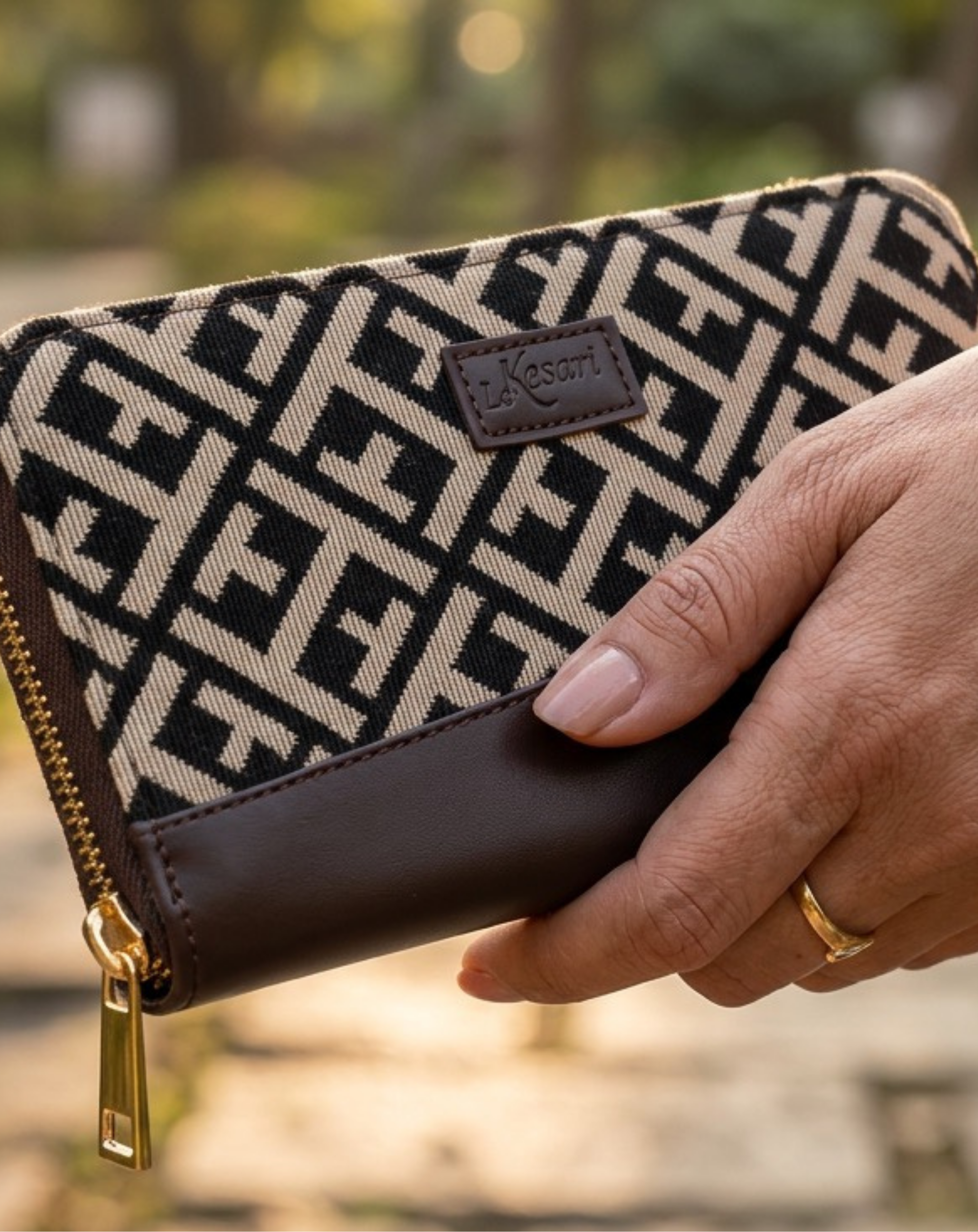 Portefeuille Jacquard Géométrique Noir & Beige