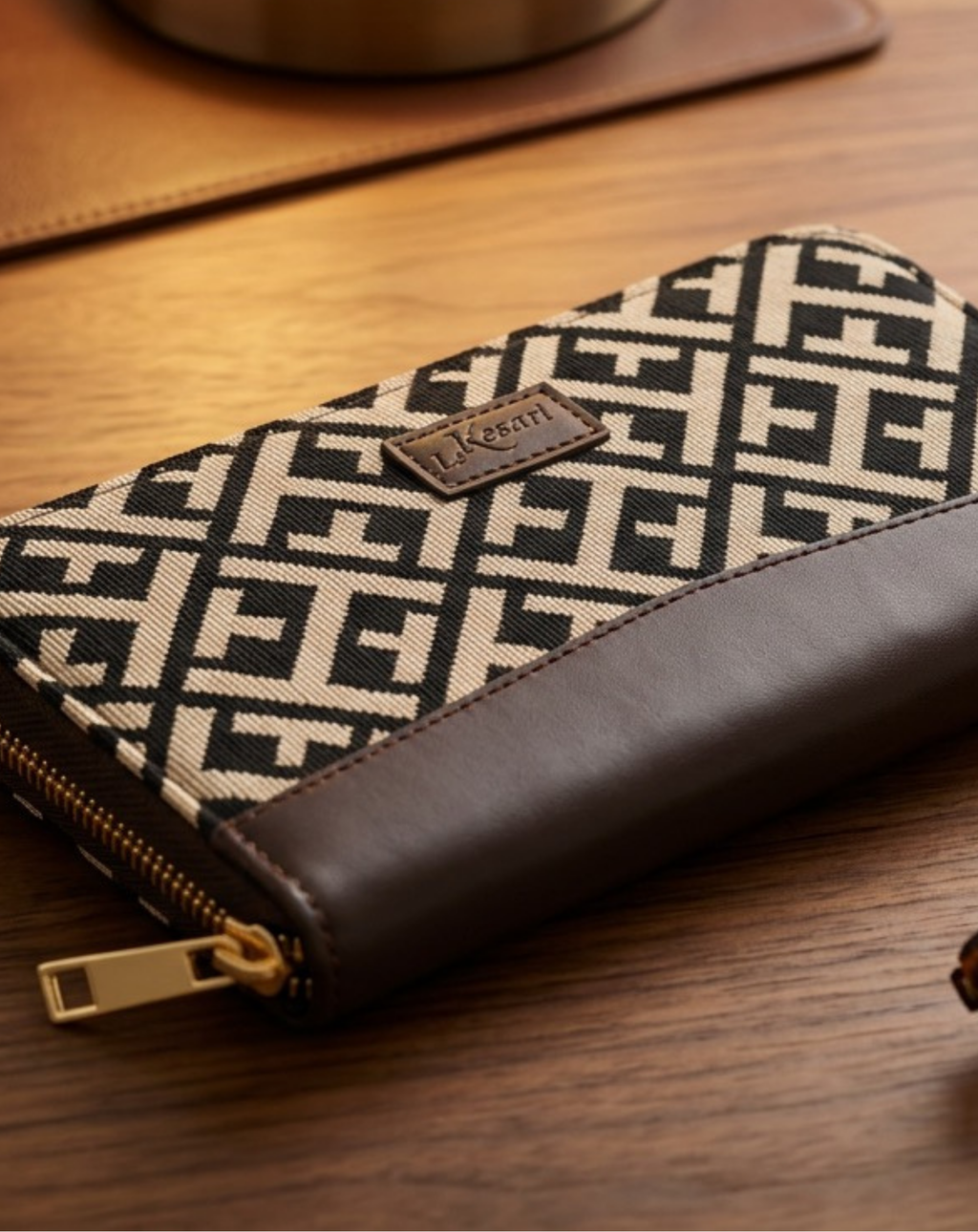 Portefeuille Jacquard Géométrique Noir & Beige