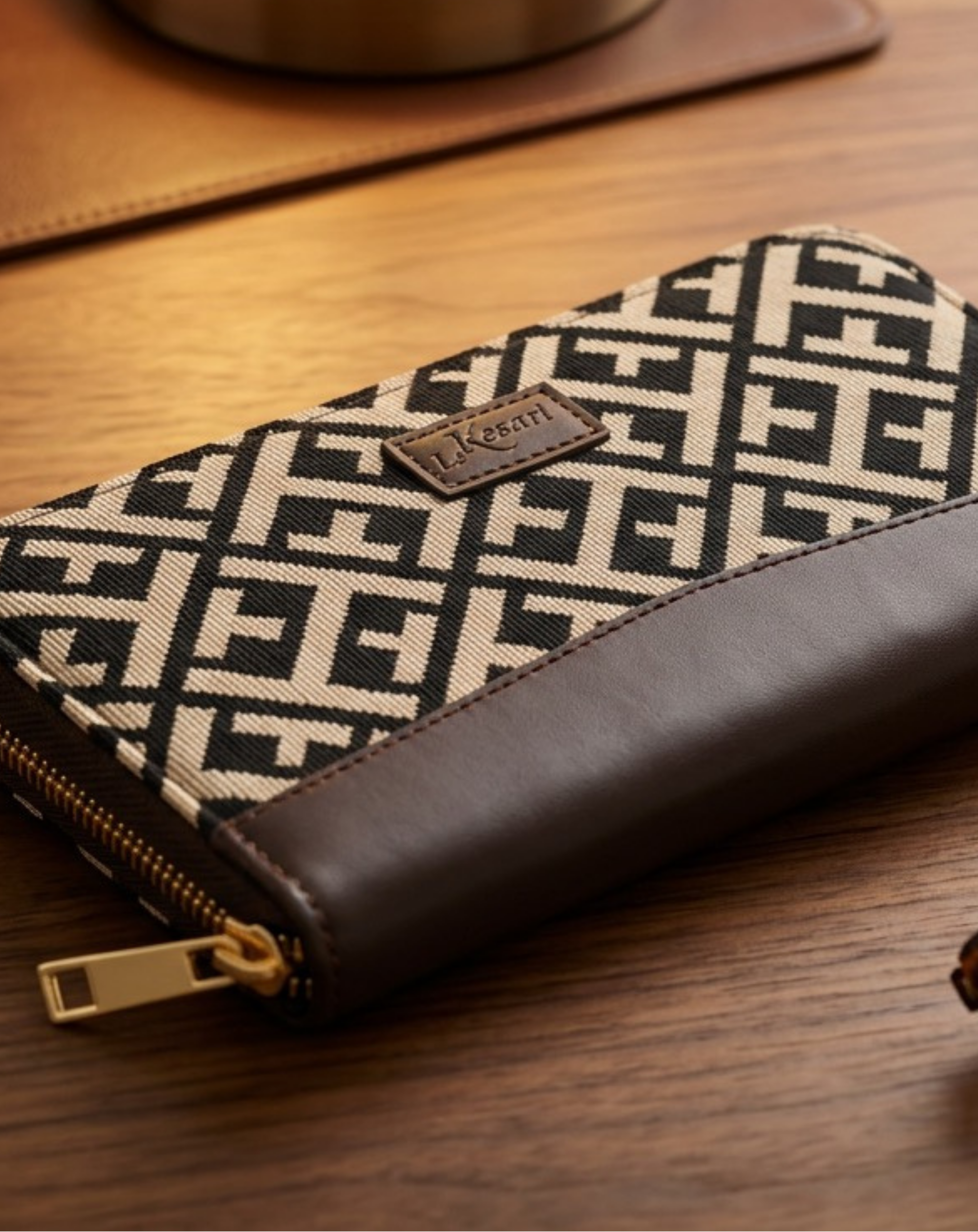 Portefeuille Jacquard Géométrique Noir & Beige