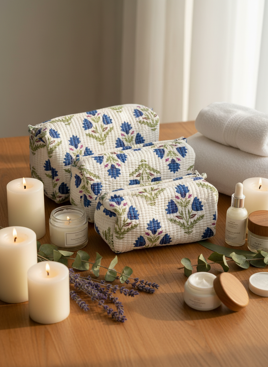 Kit 3 trousses de différentes tailles Blanche et bleue  – Design Fleurs