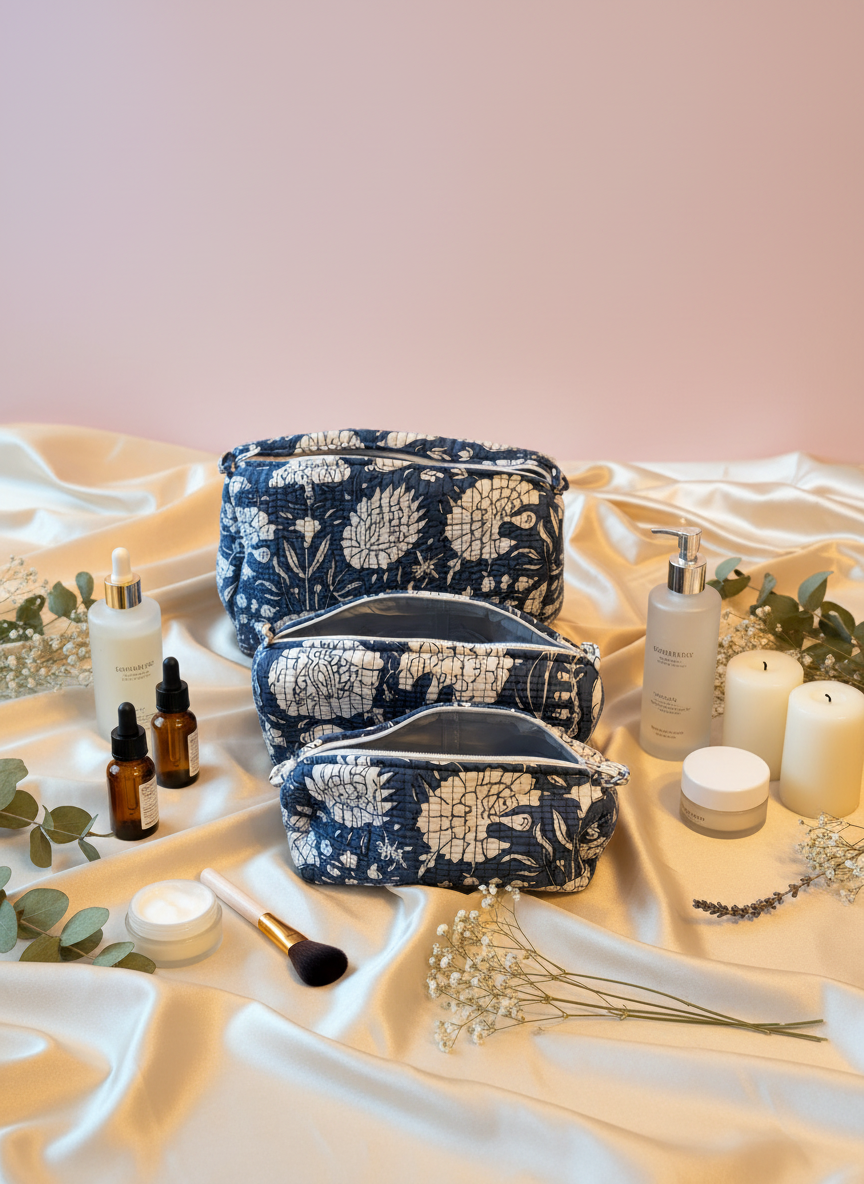 Kit 3 trousses de différentes tailles Bleue  – Design Fleurs