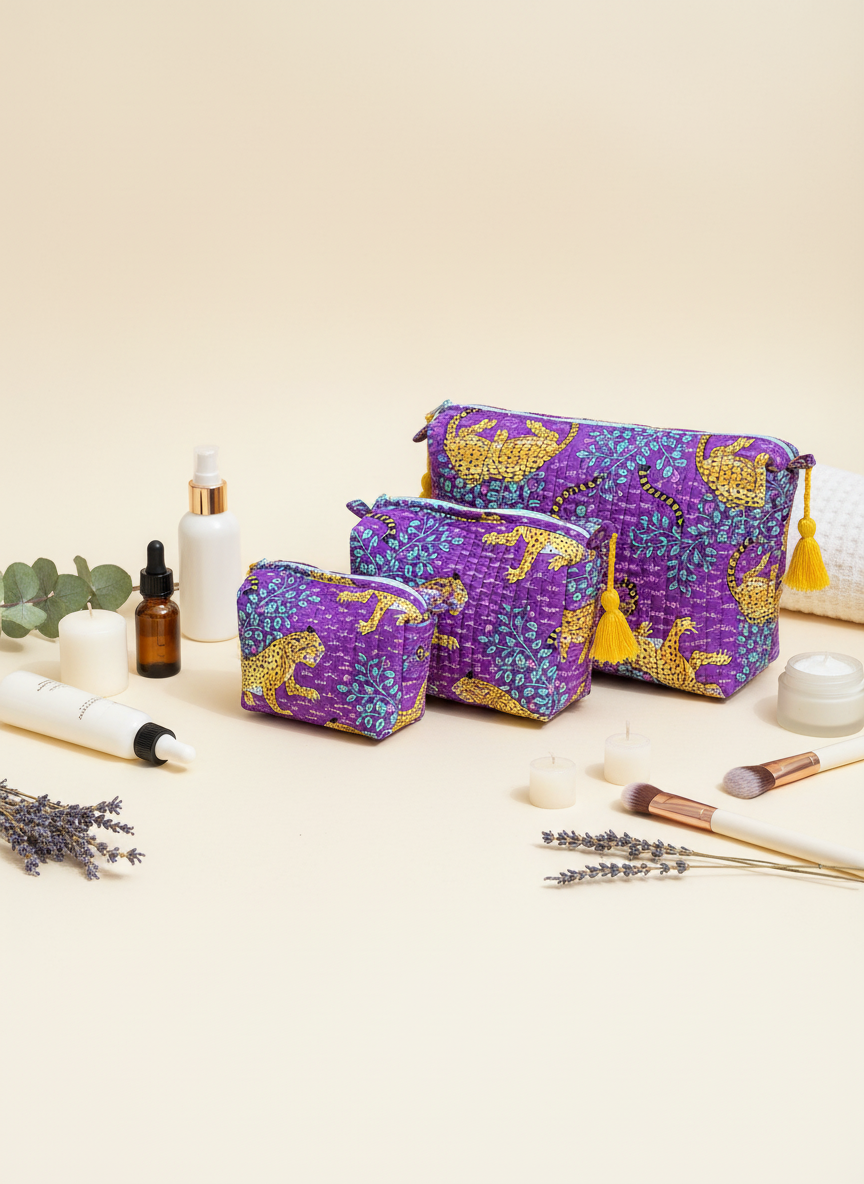 Kit 3 trousses de différentes tailles violet  – Design animal Leopard