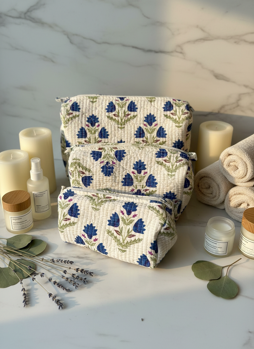 Kit 3 trousses de différentes tailles Blanche et bleue  – Design Fleurs