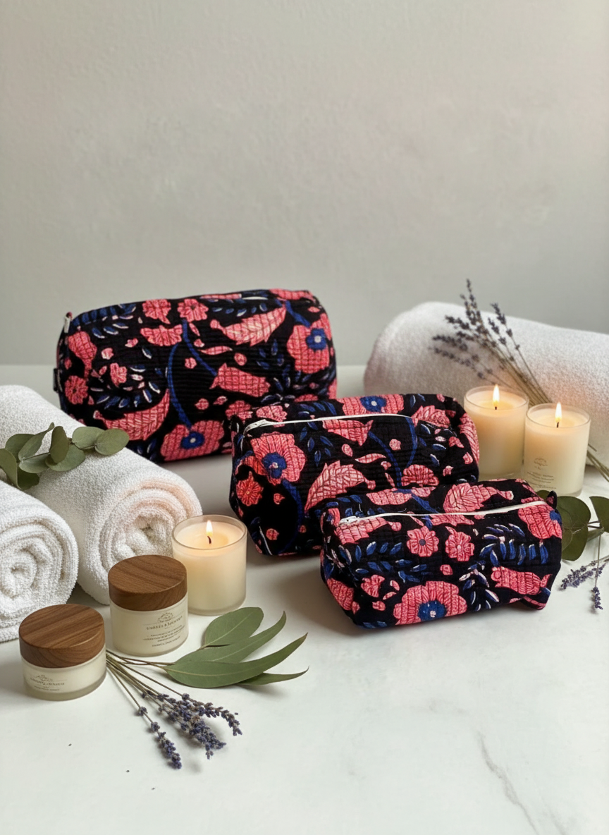 Kit 3 trousses de différentes tailles Noir et Rose – Design Fleurs