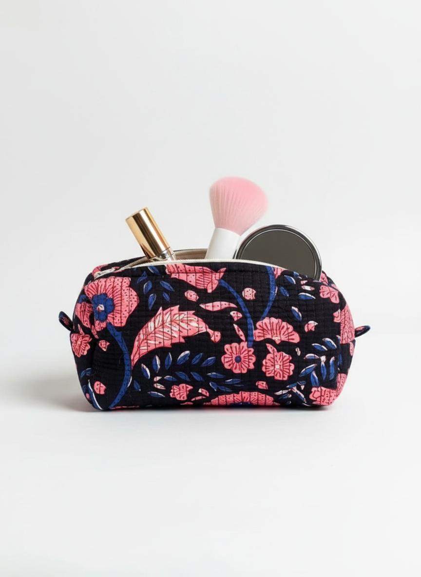 Kit 3 trousses de différentes tailles Noir et Rose – Design Fleurs