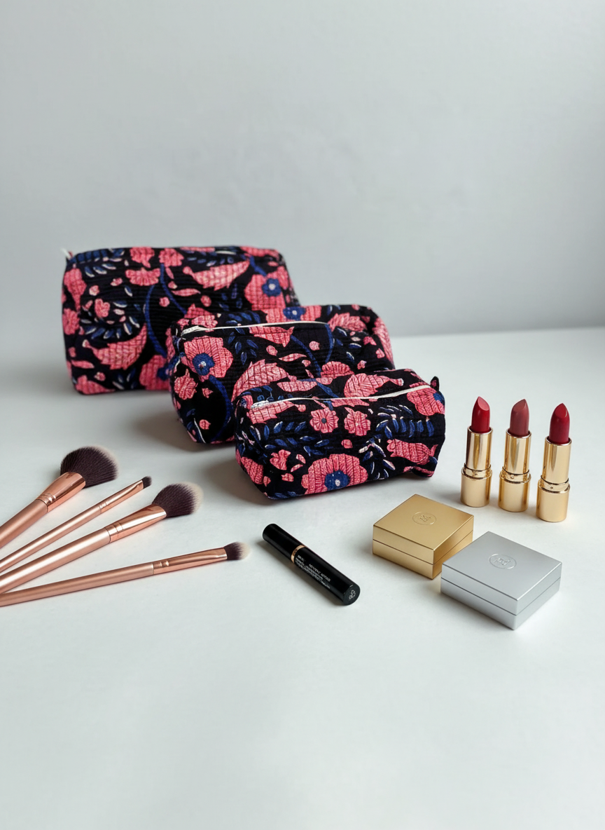 Kit 3 trousses de différentes tailles Noir et Rose – Design Fleurs