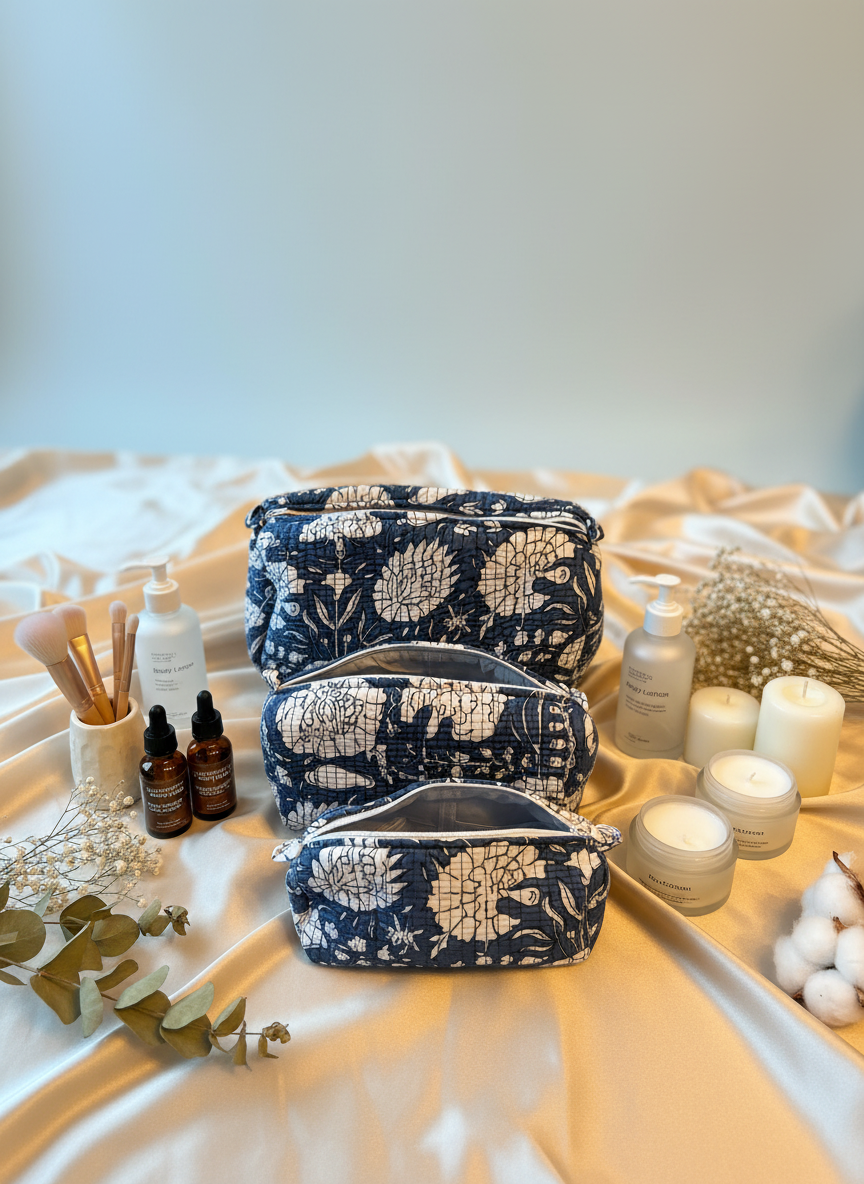 Kit 3 trousses de différentes tailles Bleue  – Design Fleurs