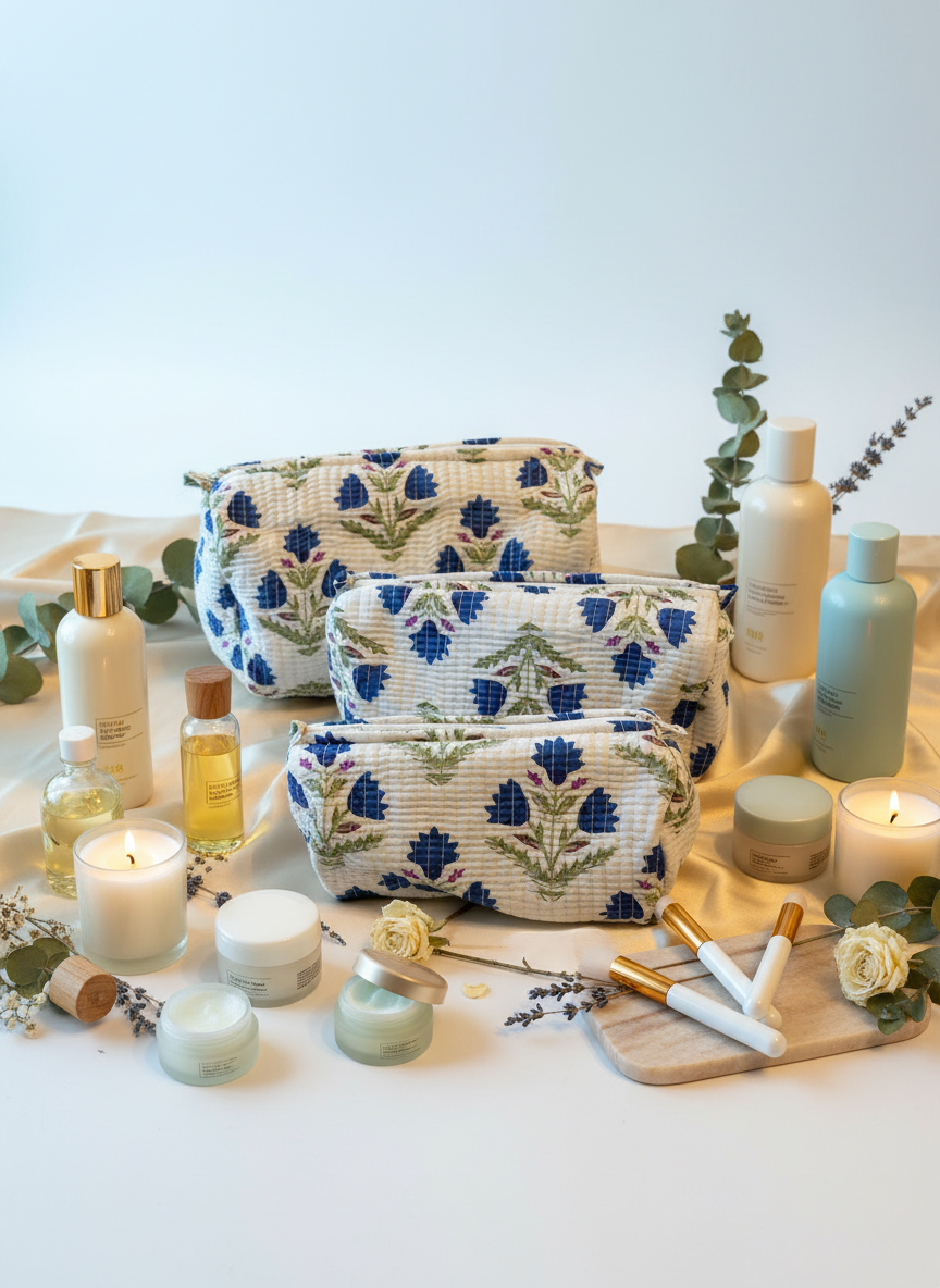 Kit 3 trousses de différentes tailles Blanche et bleue  – Design Fleurs