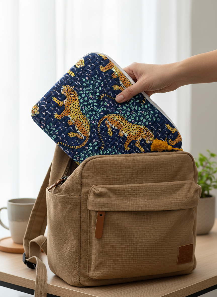 Housse d’ordinateur | Coton matelassé & intérieur imperméable-motif leopard-bleue