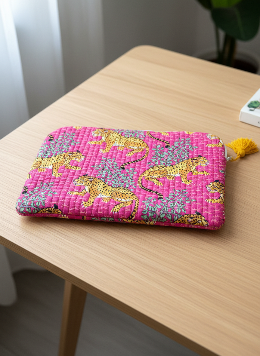 Housse d’ordinateur | Coton matelassé & intérieur imperméable-motif leopard-rose fuchsia