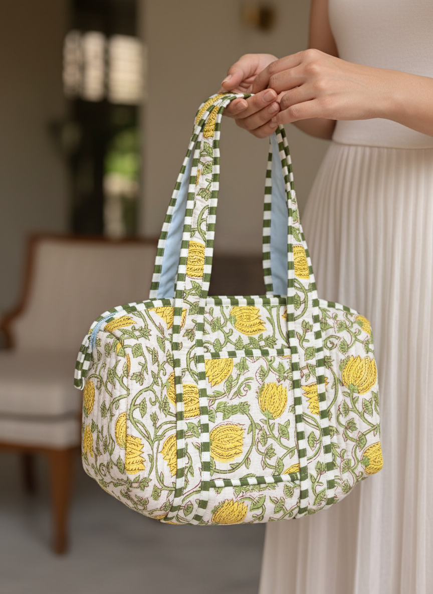Sac à main en coton matelassé – Élégant et pratique imperméable vert et blanc