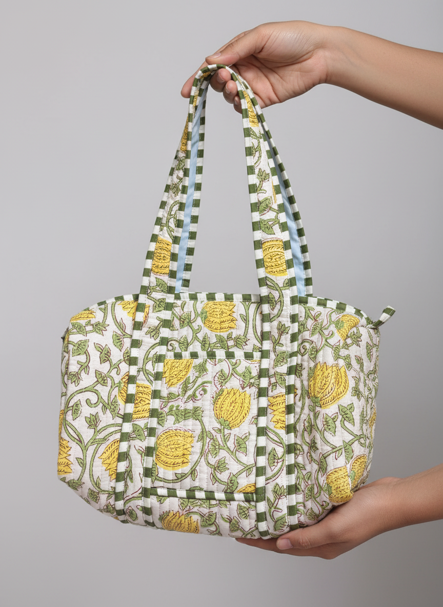 Sac à main en coton matelassé – Élégant et pratique imperméable vert et blanc
