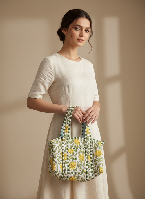 Sac à main en coton matelassé – Élégant et pratique imperméable vert et blanc