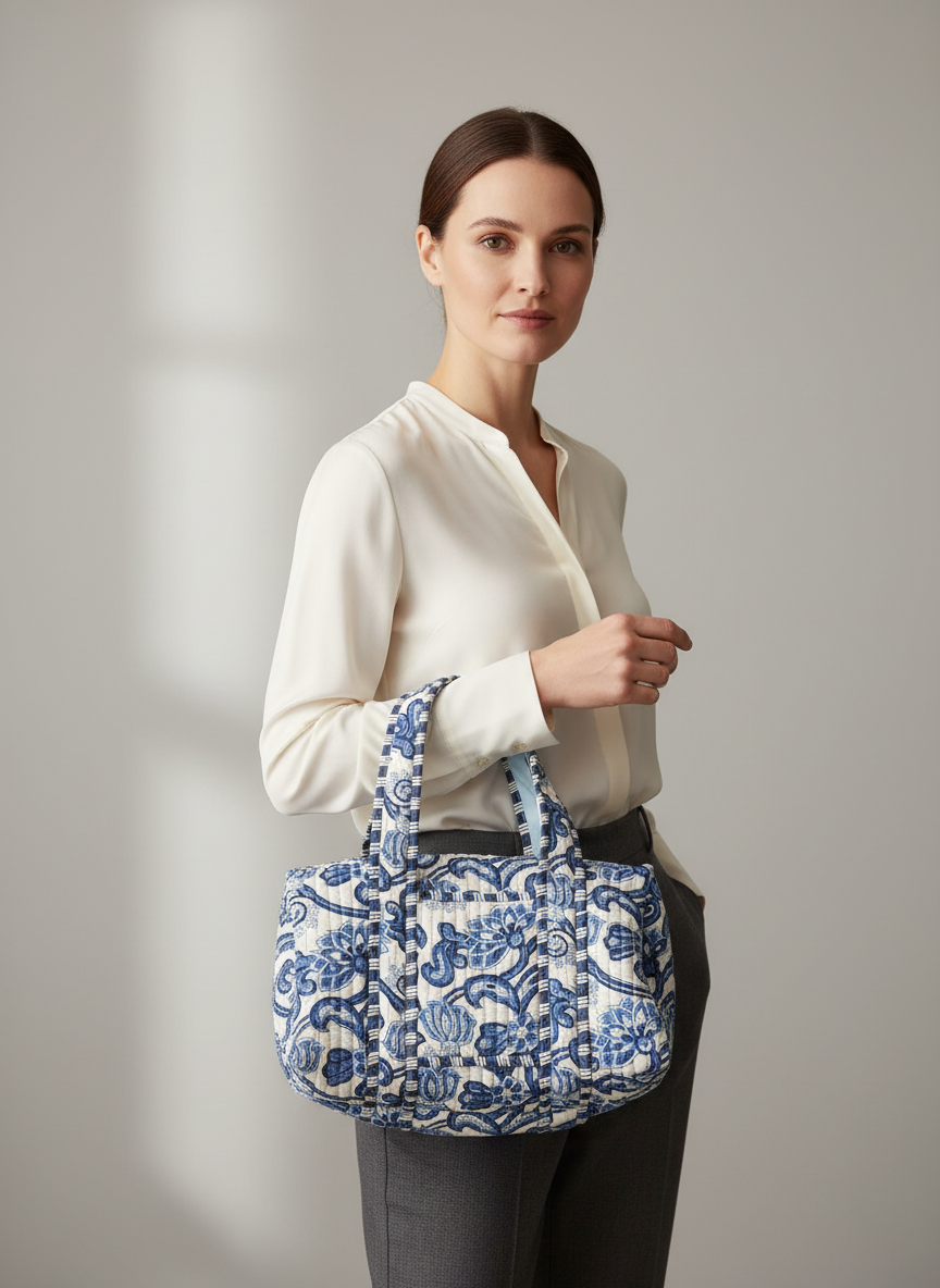 Sac à main en coton matelassé – Élégant et pratique bleu et blanc