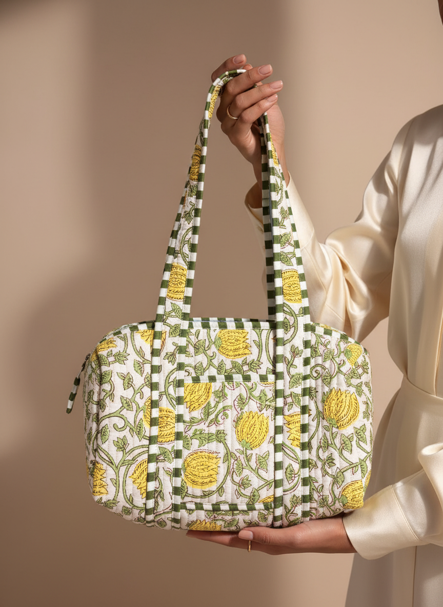 Sac à main en coton matelassé – Élégant et pratique imperméable vert et blanc