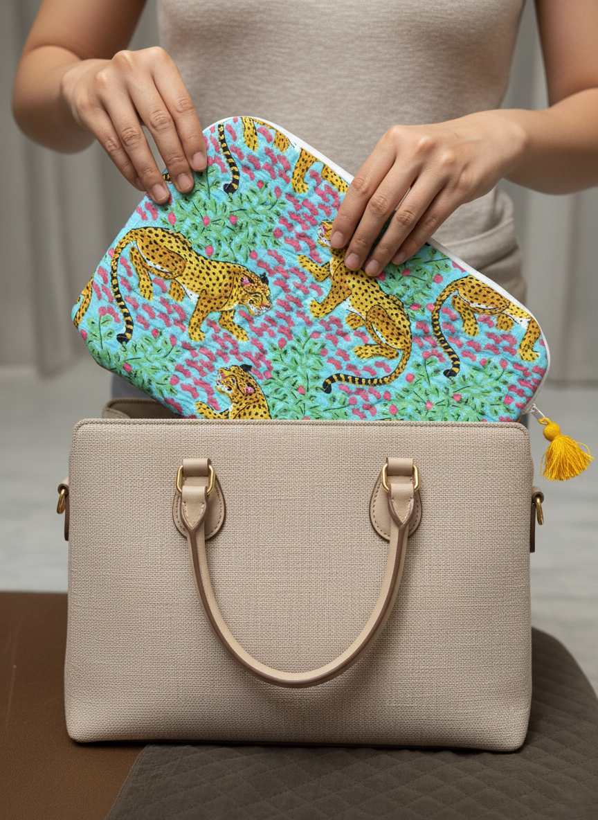 Housse d’ordinateur | Coton matelassé & intérieur imperméable-motif leopard-bleue turquoise