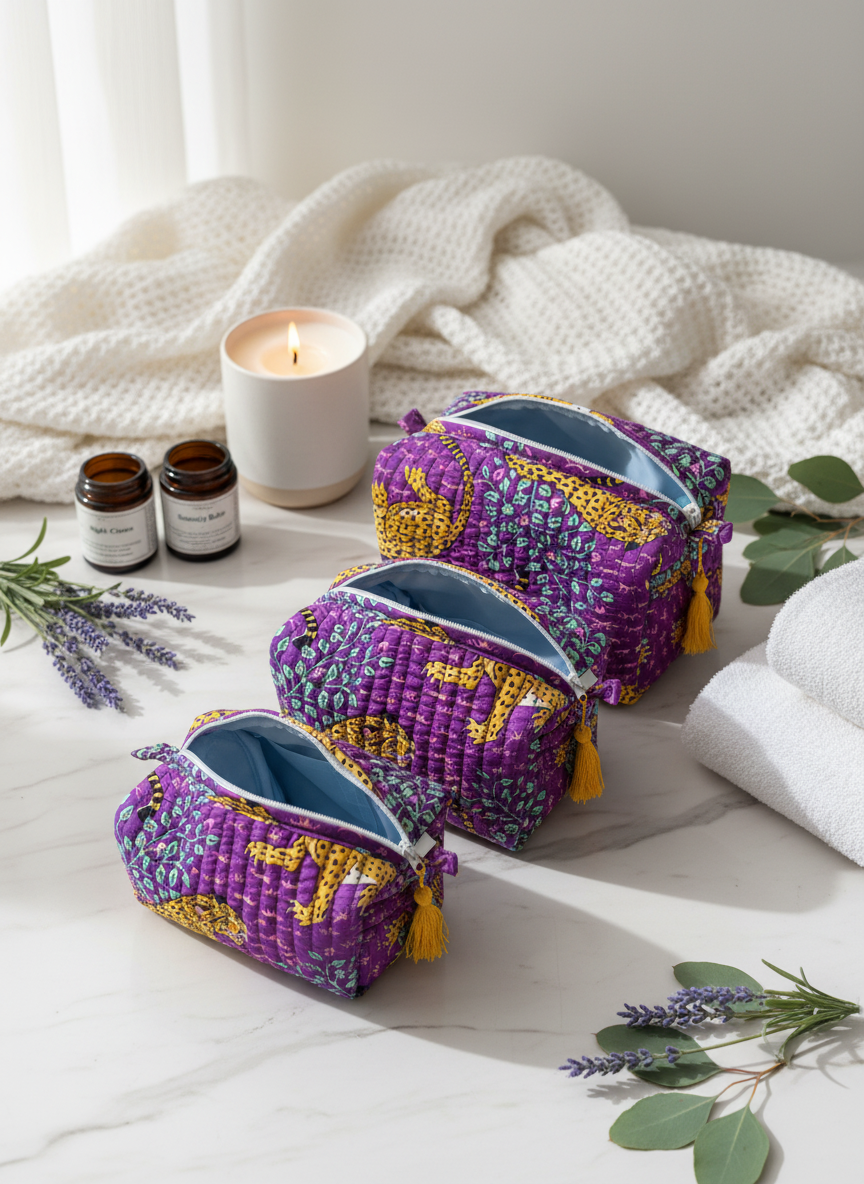 Kit 3 trousses de différentes tailles violet  – Design animal Leopard