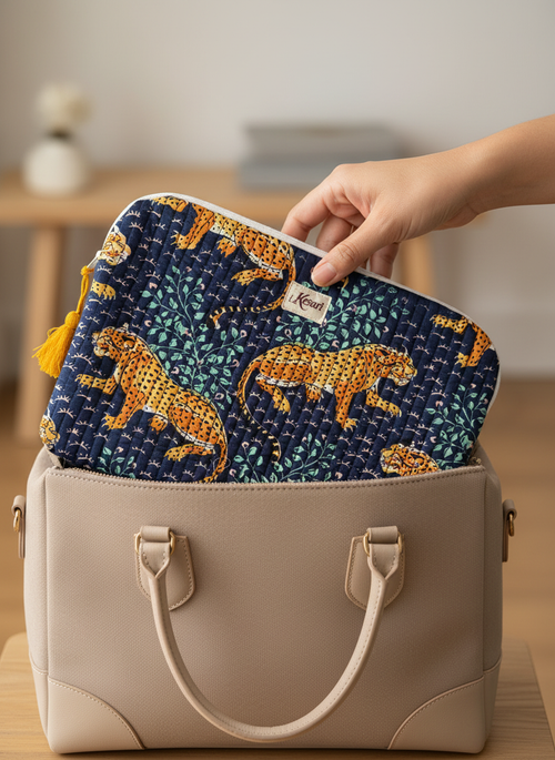 Housse d’ordinateur | Coton matelassé & intérieur imperméable-motif leopard-bleue