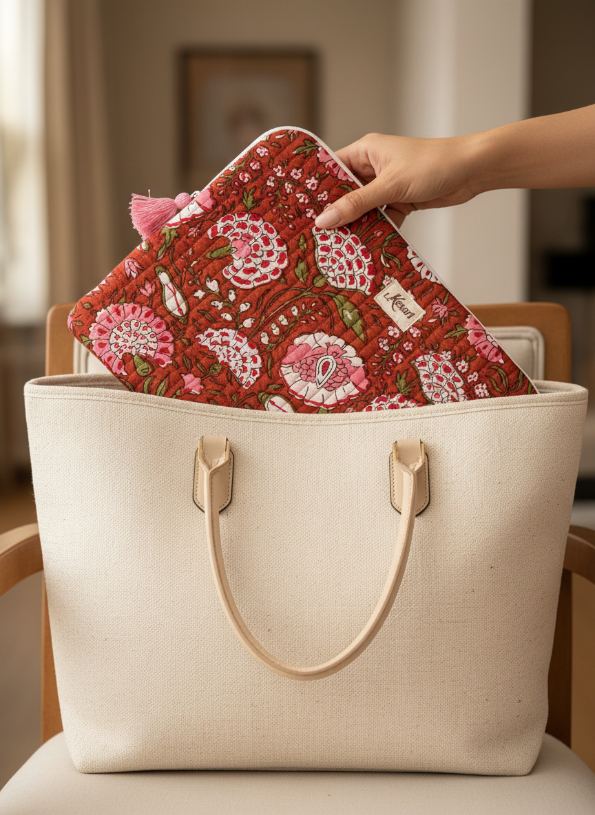 Housse d’ordinateur | Coton matelassé & intérieur imperméable - motif floral Marron