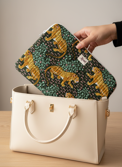 Housse d’ordinateur | Coton matelassé & intérieur imperméable- motif leopard vert