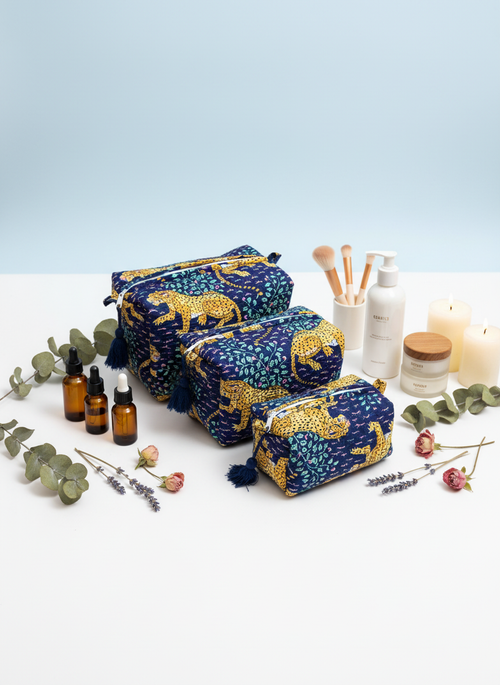 Kit 3 trousses de différentes tailles – Design animal Leopard-bleue foncée