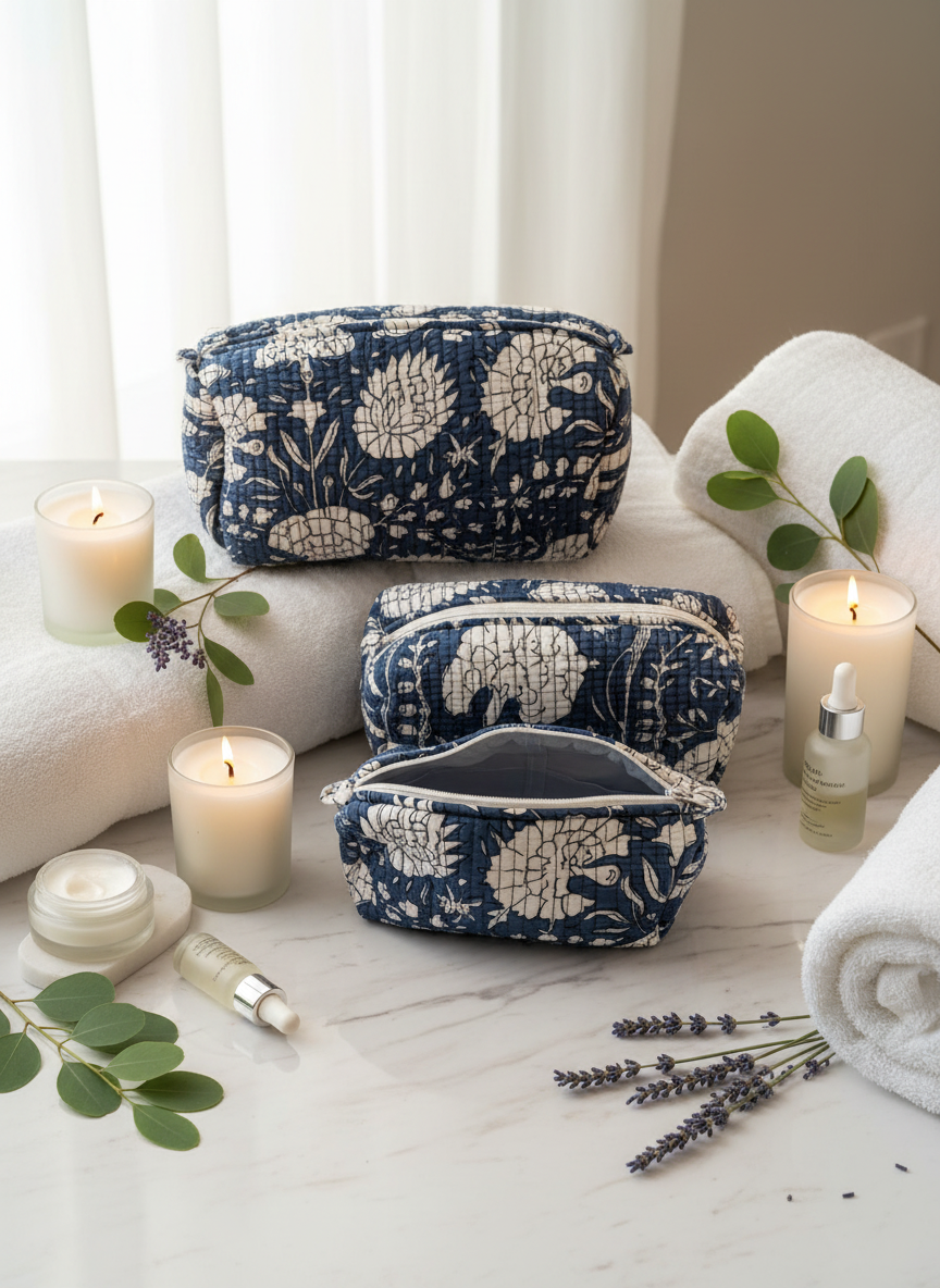 Kit 3 trousses de différentes tailles Bleue  – Design Fleurs