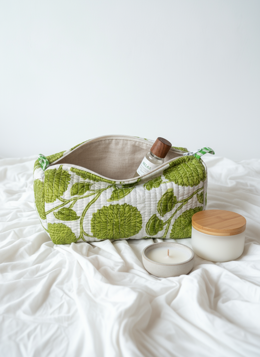 Kit 3 trousses de différentes tailles  Blanche et Verte – Design Fleurs