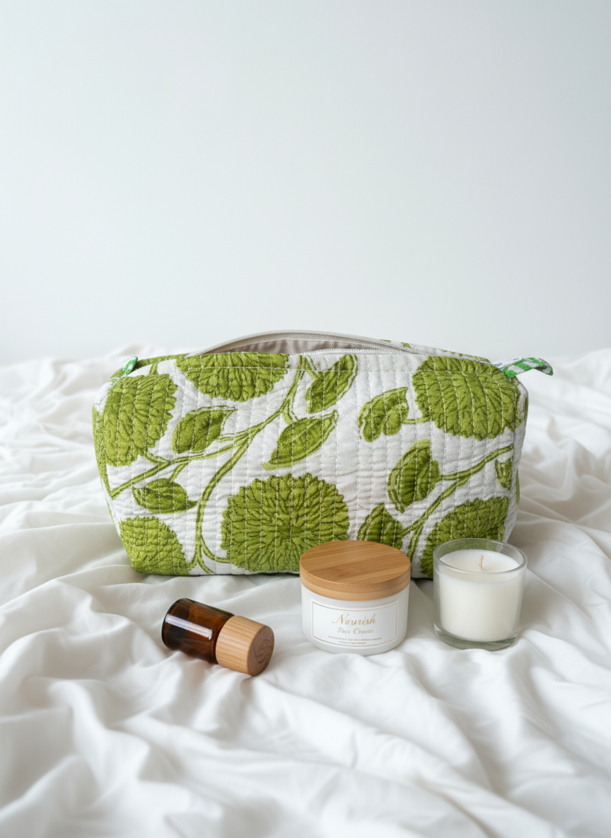 Kit 3 trousses de différentes tailles  Blanche et Verte – Design Fleurs