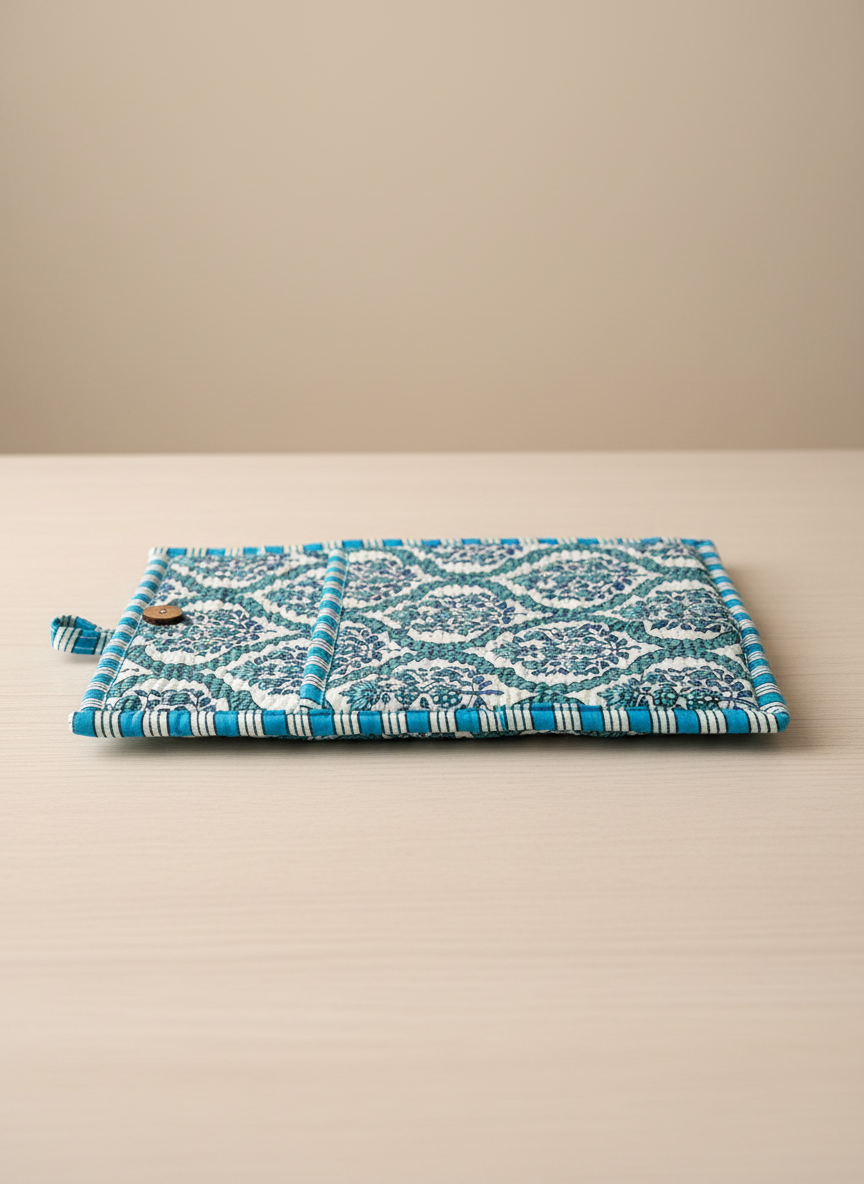 Pochette de tablette / liseuse – 22 × 26 cm – Motif textile bleu