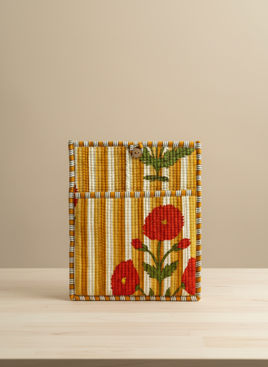 Pochette de tablette / liseuse – 22 × 26 cm – Motif textile Rouge Orange jaune