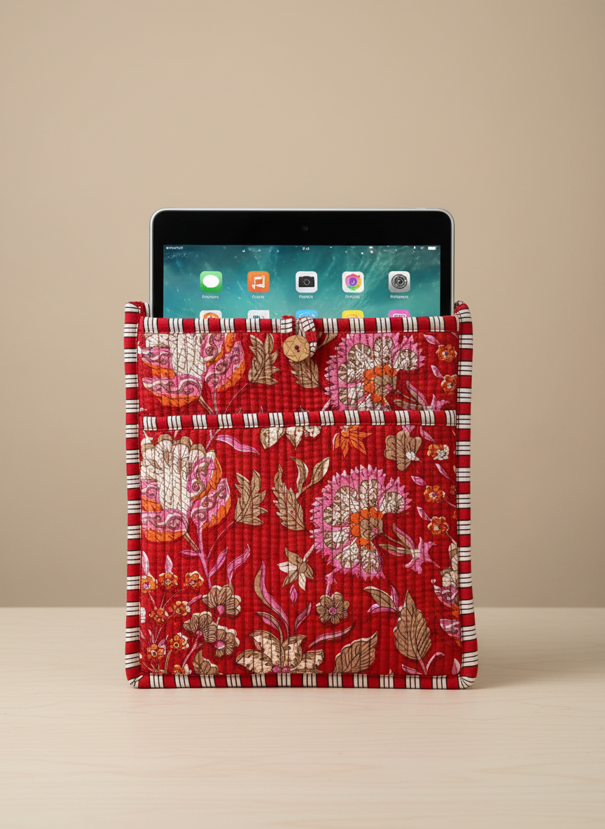 Pochette de tablette / liseuse – 22 × 26 cm – Motif textile Rouge