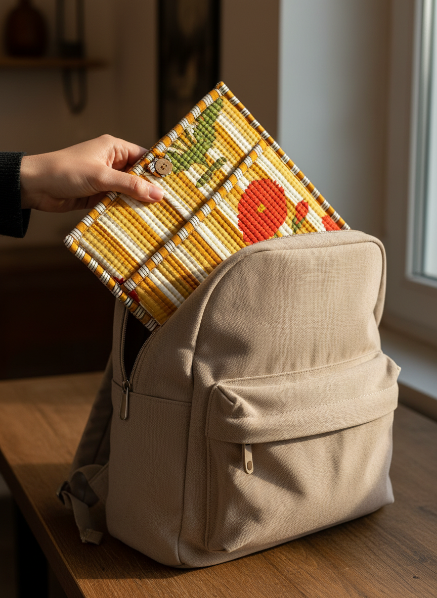 Pochette de tablette / liseuse – 22 × 26 cm – Motif textile Rouge Orange jaune