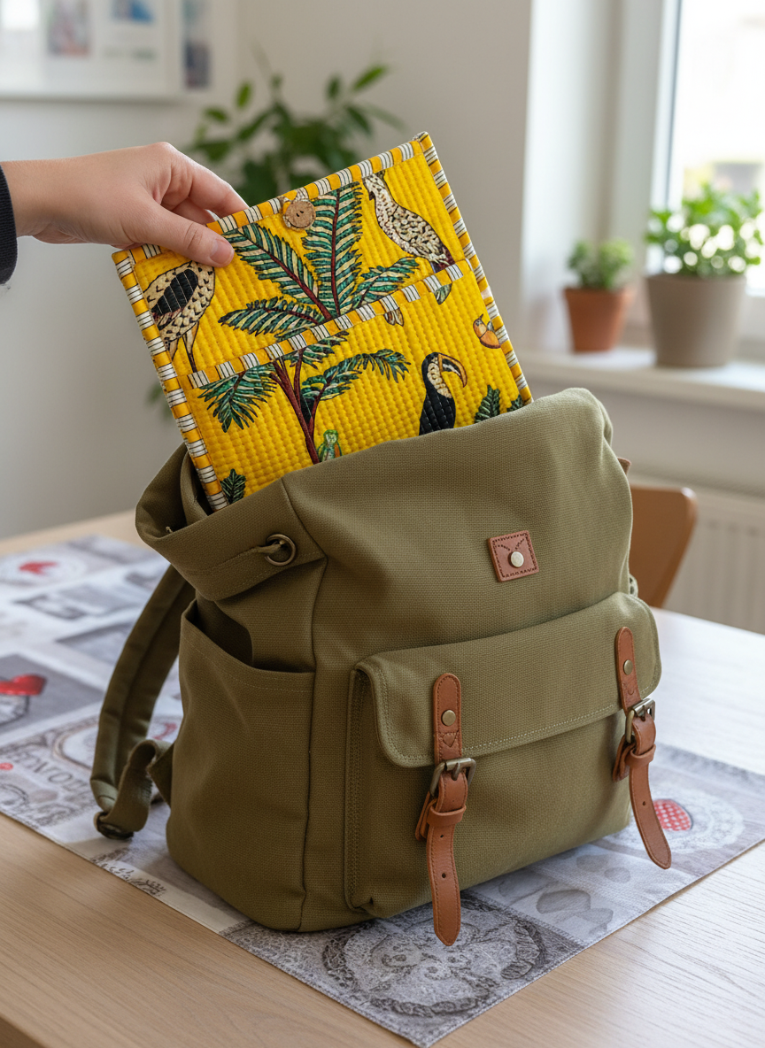 Pochette de tablette / liseuse – 22 × 26 cm – Motif textile Jaune