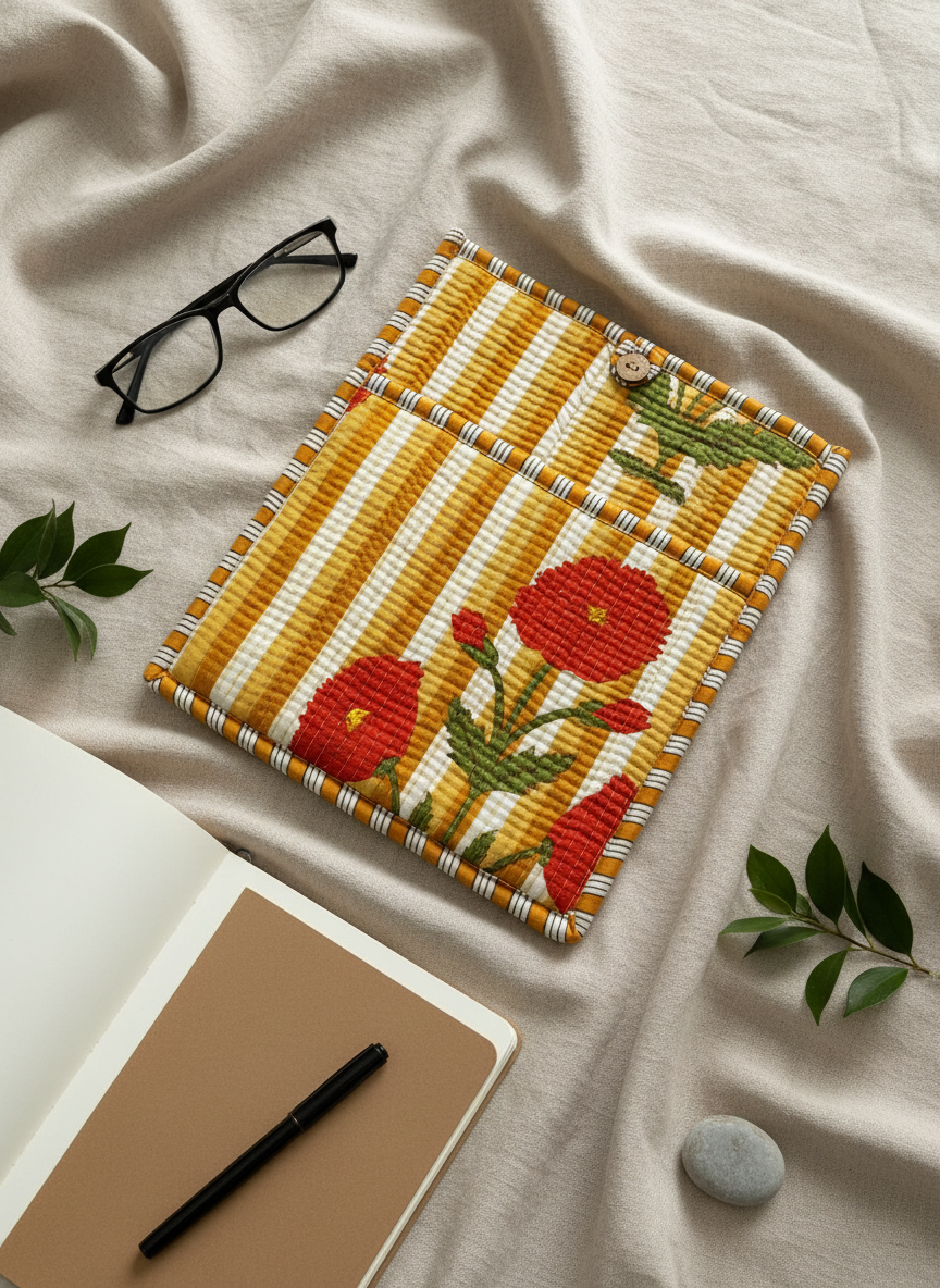 Pochette de tablette / liseuse – 22 × 26 cm – Motif textile Rouge Orange jaune